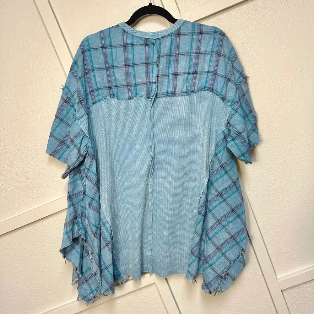 J. Her Plaid Mineral Wash Mixed Media Boho Lagenlook Top Small Oversized V-Neck - Picture 4 of 7